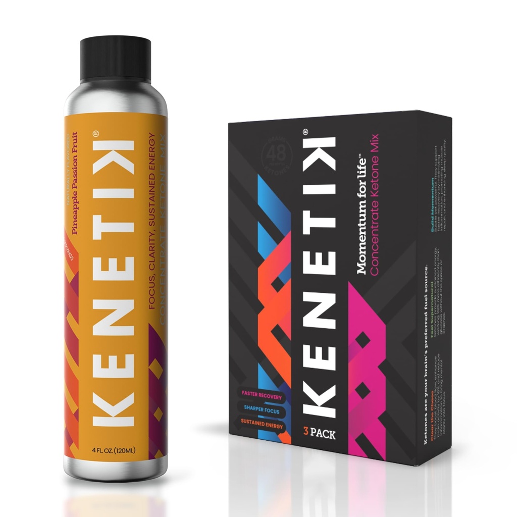 Kenetik Ketone Drink Mix, Exogene Ketoner Blend, Keto, Koffein & Sugar Free, Vegan Nootropics Brain Supplement for Memory and Focus, D- BHB Ketoner - Ananas Passionsfrugt, 3PK (12 Servere)