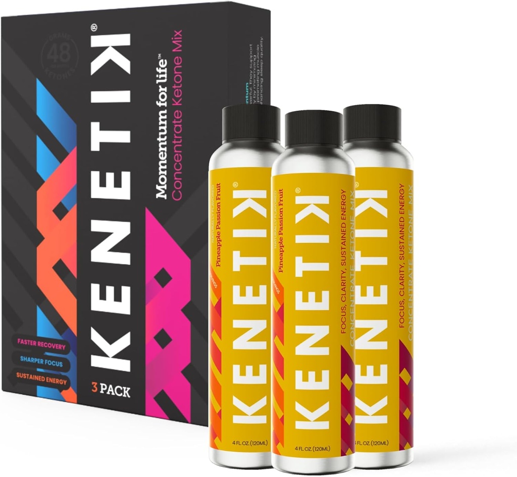 Kenetik Ketone Drink Mix, Exogene Ketoner Blend, Keto, Koffein & Sugar Free, Vegan Nootropics Brain Supplement for Memory and Focus, D- BHB Ketoner - Ananas Passionsfrugt, 3PK (12 Servere)