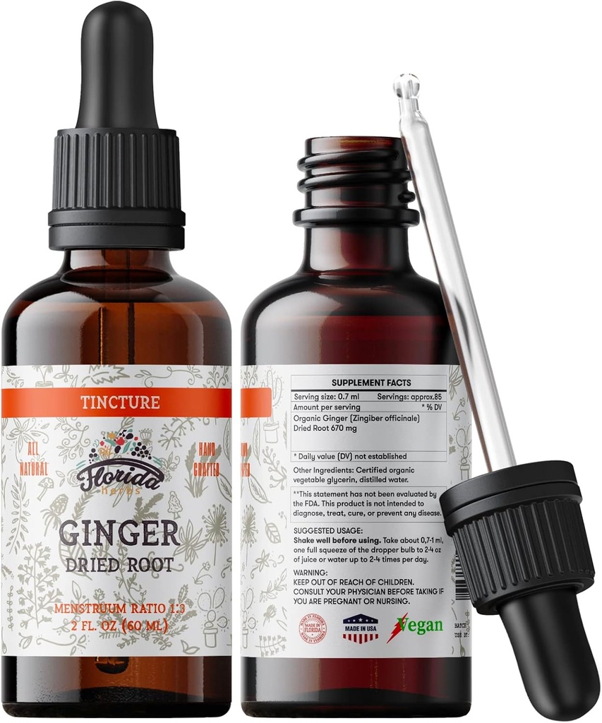 Ginger Tincture, Organic Ginger Extract (Zingiber officinale) Tørret rod, Ginger Supplement, Ginger USA