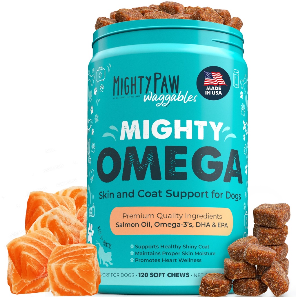 Mægtige Paw Waggables Mægtige Omega (Made in the USA, 120 Greve) Laks flavor Skin og Coat supplement. Blød Chew Fish Oil til hunde - DHA & EPA, Bacon Flavor