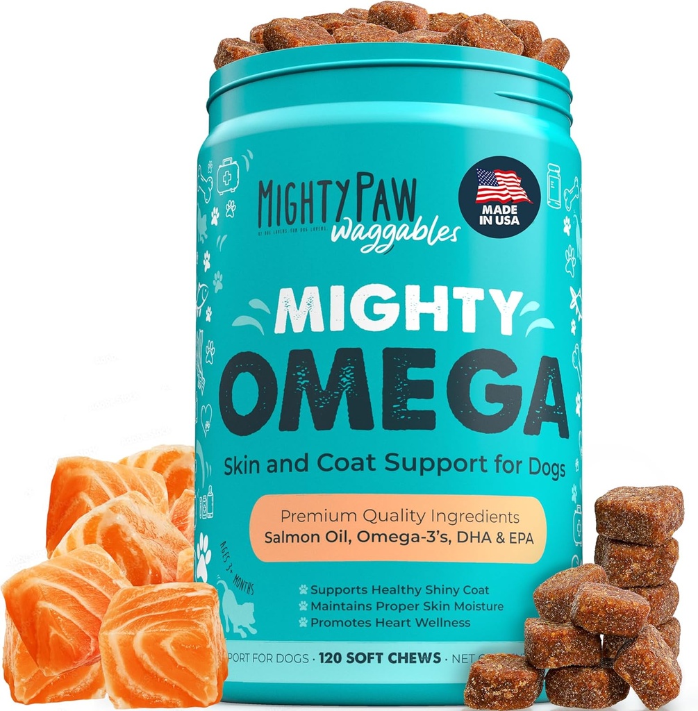 Mægtige Paw Waggables Mægtige Omega (Made in the USA, 120 Greve) Laks flavor Skin og Coat supplement. Blød Chew Fish Oil til hunde - DHA & EPA, Bacon Flavor