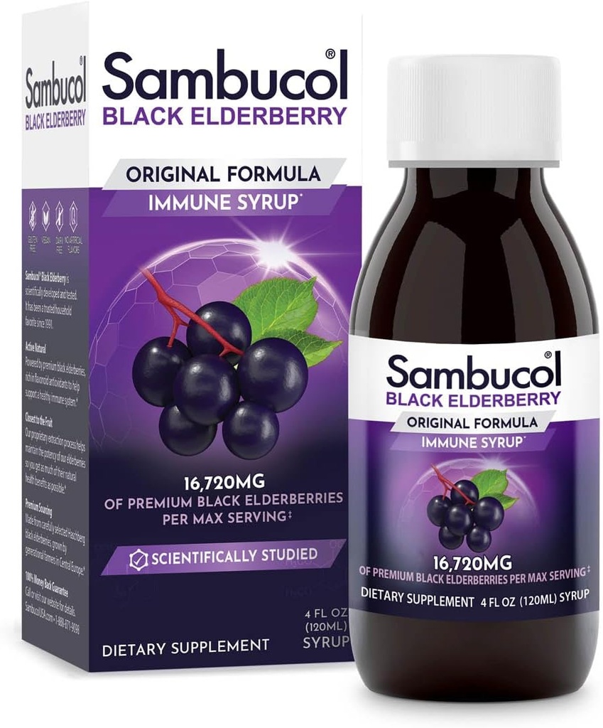 Sambucol Black Elderberry Syrup - Sambucus Elderberry Syrup, Black Elderberry Liquid, Immunstøtte, Elderberry Syrup til børn og voksne, Høje Antioxidanter, Gluten Free - Original Formel, 4 Fl Oz