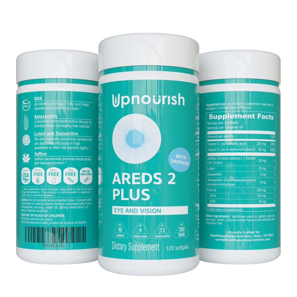 AREALER 2 + - Avanceret Eye Vitamin supplement til Macular Sundhed og tørre øjne - Lutein, Zeaxanthin, Safran, Astaxanthin & DHA - Understøtter Eye Strain, Tryk, Night Vision - 120 bløddele