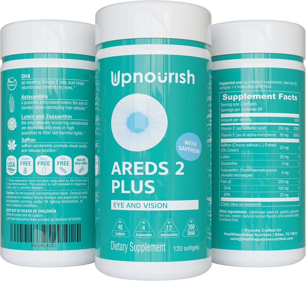 AREALER 2 + - Avanceret Eye Vitamin supplement til Macular Sundhed og tørre øjne - Lutein, Zeaxanthin, Safran, Astaxanthin & DHA - Understøtter Eye Strain, Tryk, Night Vision - 120 bløddele