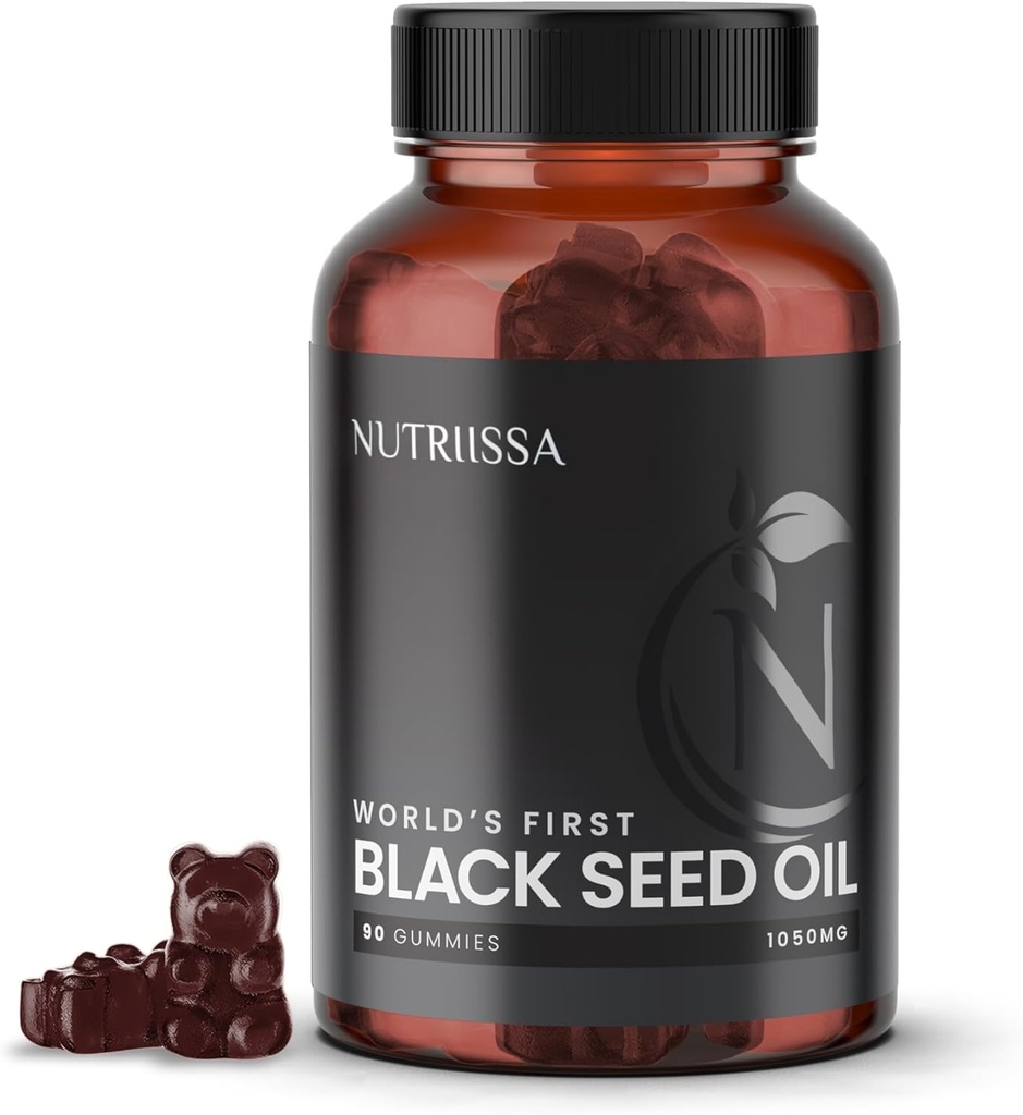 Nutrissa Black Seed Oil + Elder Berry Gummies - Cold- Pressed Black Cumin Seed Nigella Sativa Oil - EPAB Certified for Renhed & Potency - 90 Blueberry Flavored Vegan Gummies