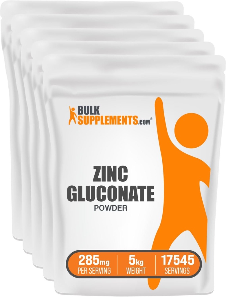 Bulk Supplements.com Zink Gluconate Powder - Zink 40mg, Zink Powder - Zink Supplement for immunforsvar - Gluten Free, 285mg per servering, 5kg (11 lbs) (Pack of 5)