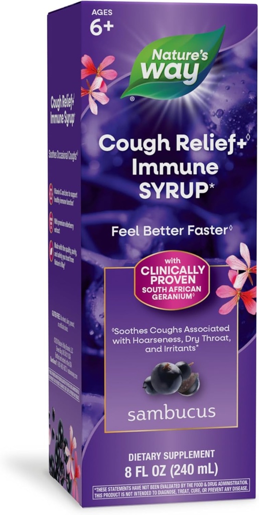 Nature 's Way Sambucus Cough Relief + (1) Immunsyrup *, Feel Better Hurtigere (1), Clinically Proven South African Geranium, with Elderberry Extract, Vitamin C & Zink, 8 Oz (Packaging May Vary)