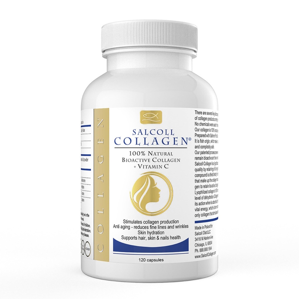 Salcoll Pure Marine Collagen hudkapsler (120 Greve) - Anti- Aging supplement til kvinder & mænd, øger collagen, reducerer rynker, understøtter hud, hår og negle med hydrering & nourisation