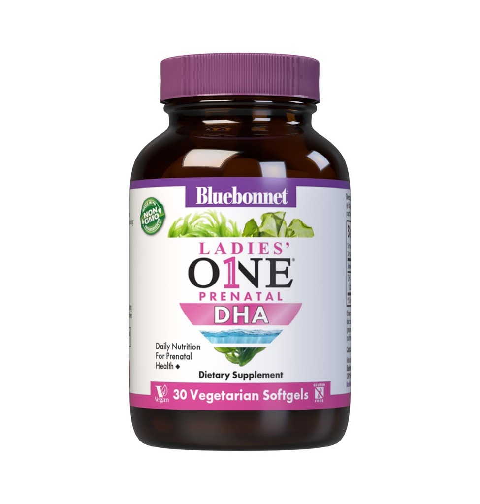 Bluebonnet Nutrition Ladies 'One Prenatal DHA, Daglig Nutrition for Prenatal Health *, Non- GMO, Vegan, Gluten- Free, 30 Vegetar Softgels, 30 Servere