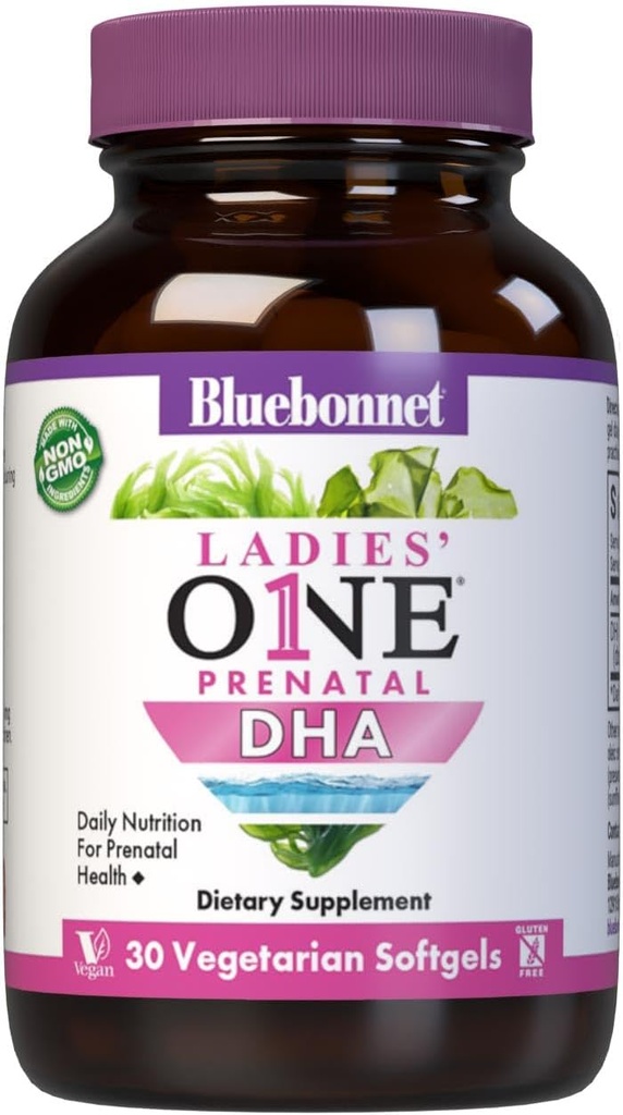 Bluebonnet Nutrition Ladies 'One Prenatal DHA, Daglig Nutrition for Prenatal Health *, Non- GMO, Vegan, Gluten- Free, 30 Vegetar Softgels, 30 Servere
