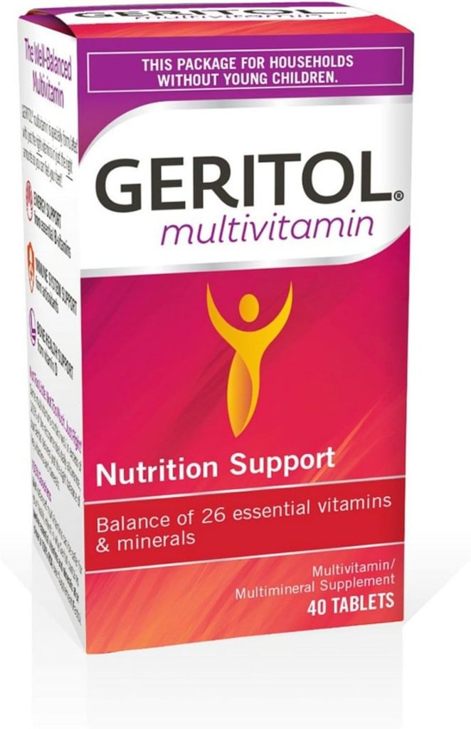Geritol, Multivitamin Supplement, Indeholder B- Vitamin, Antioxidanter, Vitamin C, E & D og Jern, 26 Essentielle Vitamin og Mineraler, Glutenfri, Non- GMO, Ingen kunstige sødestoffer, 40 tabletter