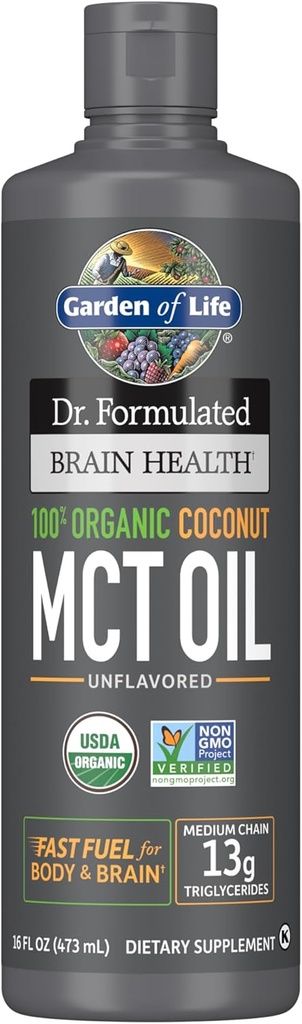 Livets have Dr. Formuleret Hjerne Sundhed 100% Organic Coconut MCT Oil 16 fl oz Unflavored, 13g MCTs, Body & Brain Fuel, Certified Non- GMO Vegan & Gluten Free, Hexane- Free