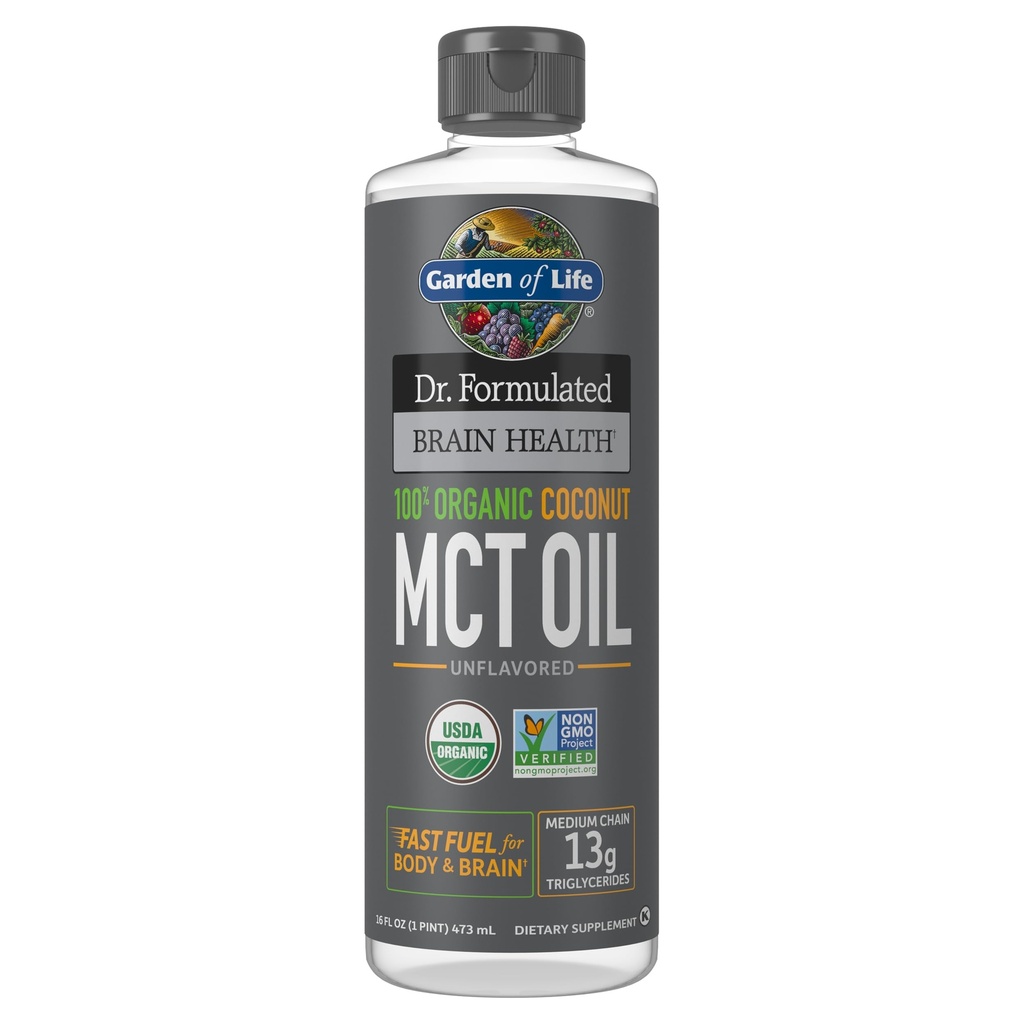 Livets have Dr. Formuleret Hjerne Sundhed 100% Organic Coconut MCT Oil 16 fl oz Unflavored, 13g MCTs, Body & Brain Fuel, Certified Non- GMO Vegan & Gluten Free, Hexane- Free