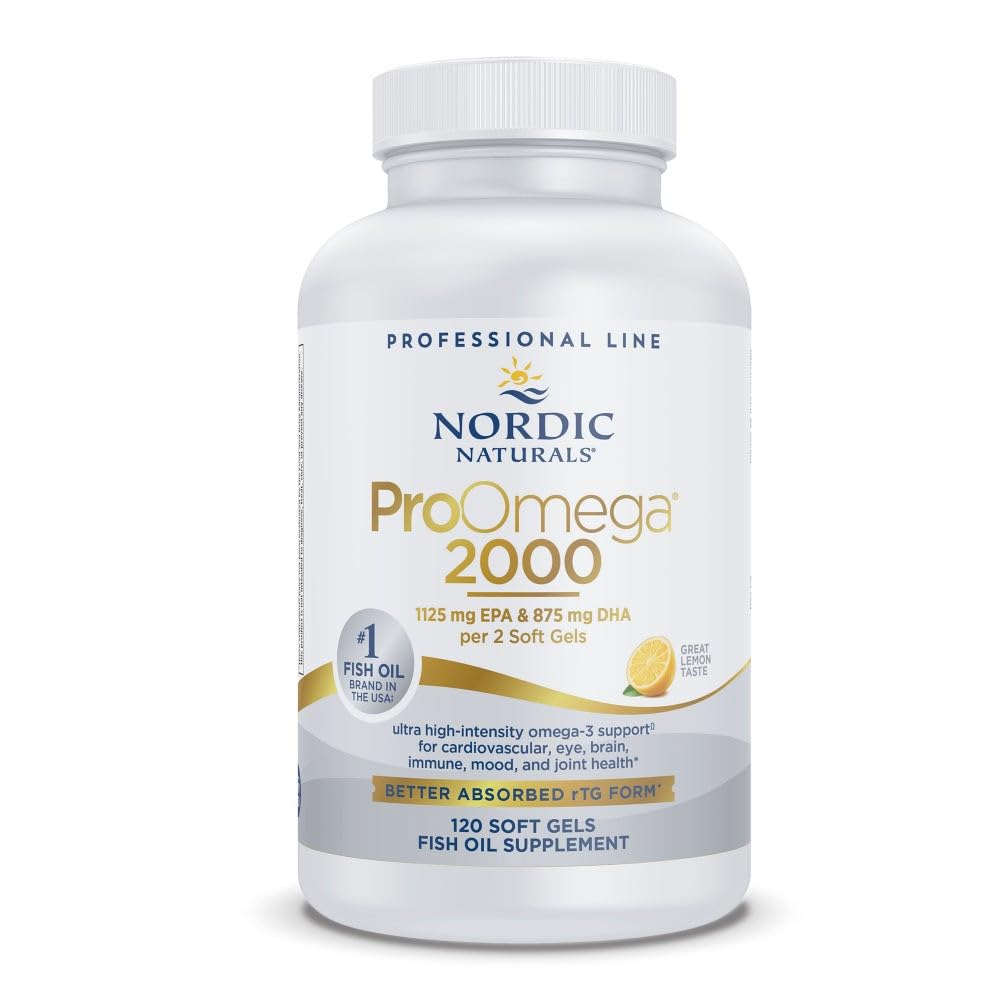 Nordic Naturals ProOmega 2000, Lemon Flavor - 120 Soft Gels - 2150 mg Omega-3 - Ultra High- Potency Fish Oil - EPA & DHA - fremmer hjerne, øje, hjerte, og immunforsvar - non-GMO - 60 Serveringer