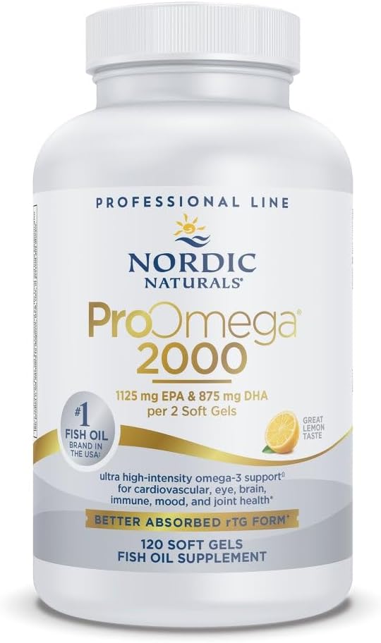 Nordic Naturals ProOmega 2000, Lemon Flavor - 120 Soft Gels - 2150 mg Omega-3 - Ultra High- Potency Fish Oil - EPA & DHA - fremmer hjerne, øje, hjerte, og immunforsvar - non-GMO - 60 Serveringer