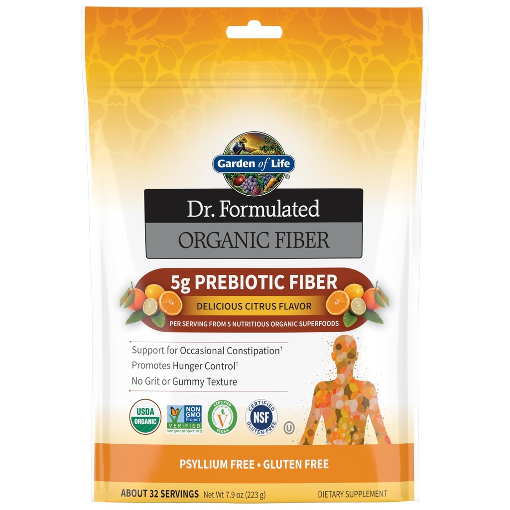 Livets have Dr. Formuleret Organic Fiber Supplement Powder Citrus, Sugar Free, Psyllium Free Prebiotic Superfoods, Forstoppelse Relief og Hunger Control for Mænd og Kvinder, 32 Servering
