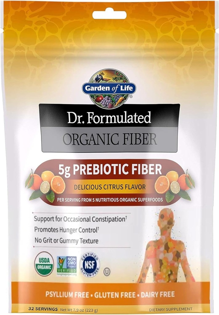 Livets have Dr. Formuleret Organic Fiber Supplement Powder Citrus, Sugar Free, Psyllium Free Prebiotic Superfoods, Forstoppelse Relief og Hunger Control for Mænd og Kvinder, 32 Servering