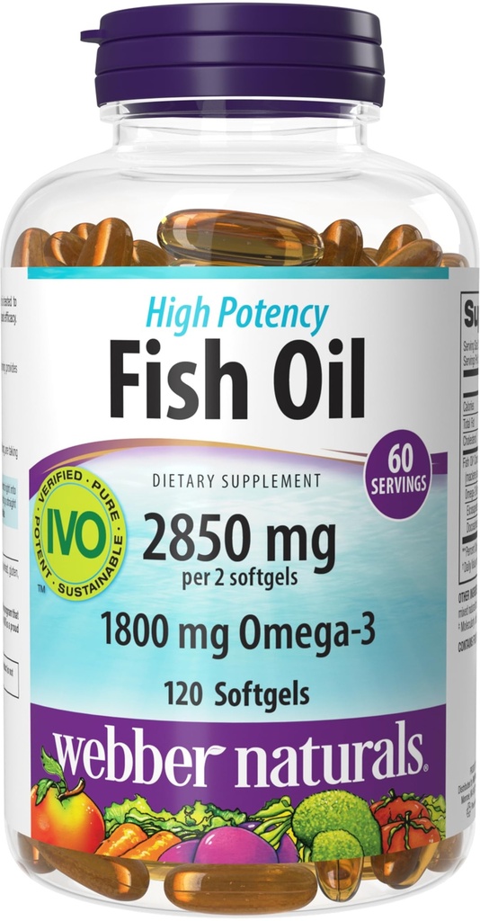 Webber Naturals Fish Oil 2850 mg, High Potency, 1.800 mg Omega-3 per servering, 120 Clear Enteric Softels, Ingen Fishy Eftersmag, Ultra-Renset, Understøtter hjerte, Kognitiv, og fælles sundhed