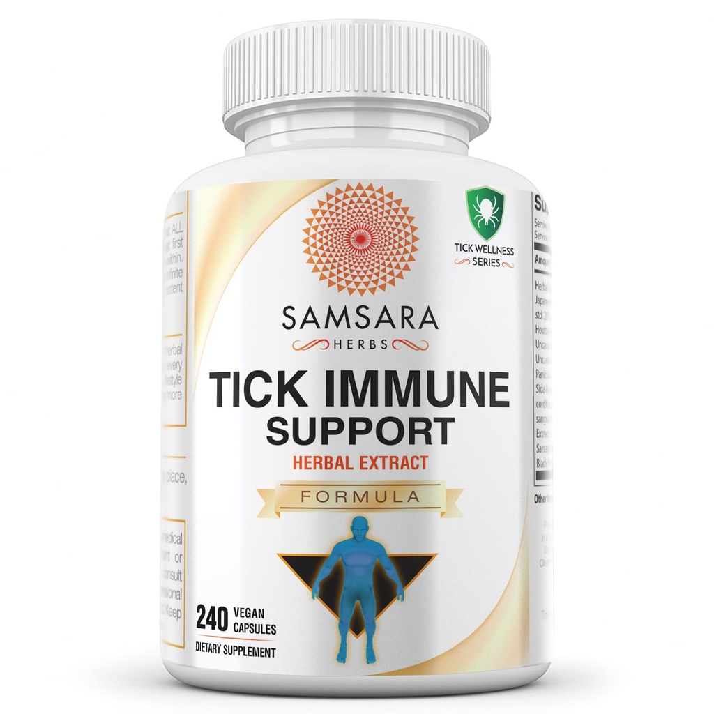 Samsara urter Tik immunforsvar - Japansk Knotweed, Katte claw, Andrographis, Cryptolepis, Sarsaparilla, Resveratrol, Tik Bite Support 240 Kapsler