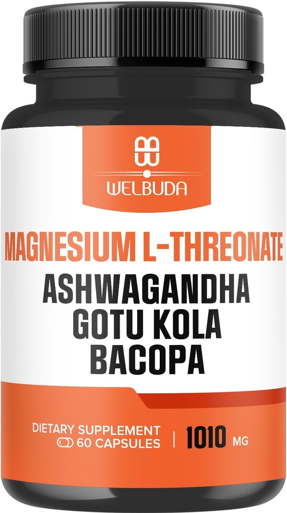 Magnesium L- Threonate Capsules 1010mg - 5in1 med Ashwagandha Root, Gotu Kola Leaf & Mere - Positive Mood, Brain Health, Evne til at huske, Koncentration & Energiproduktion Support - 60 Kapsler