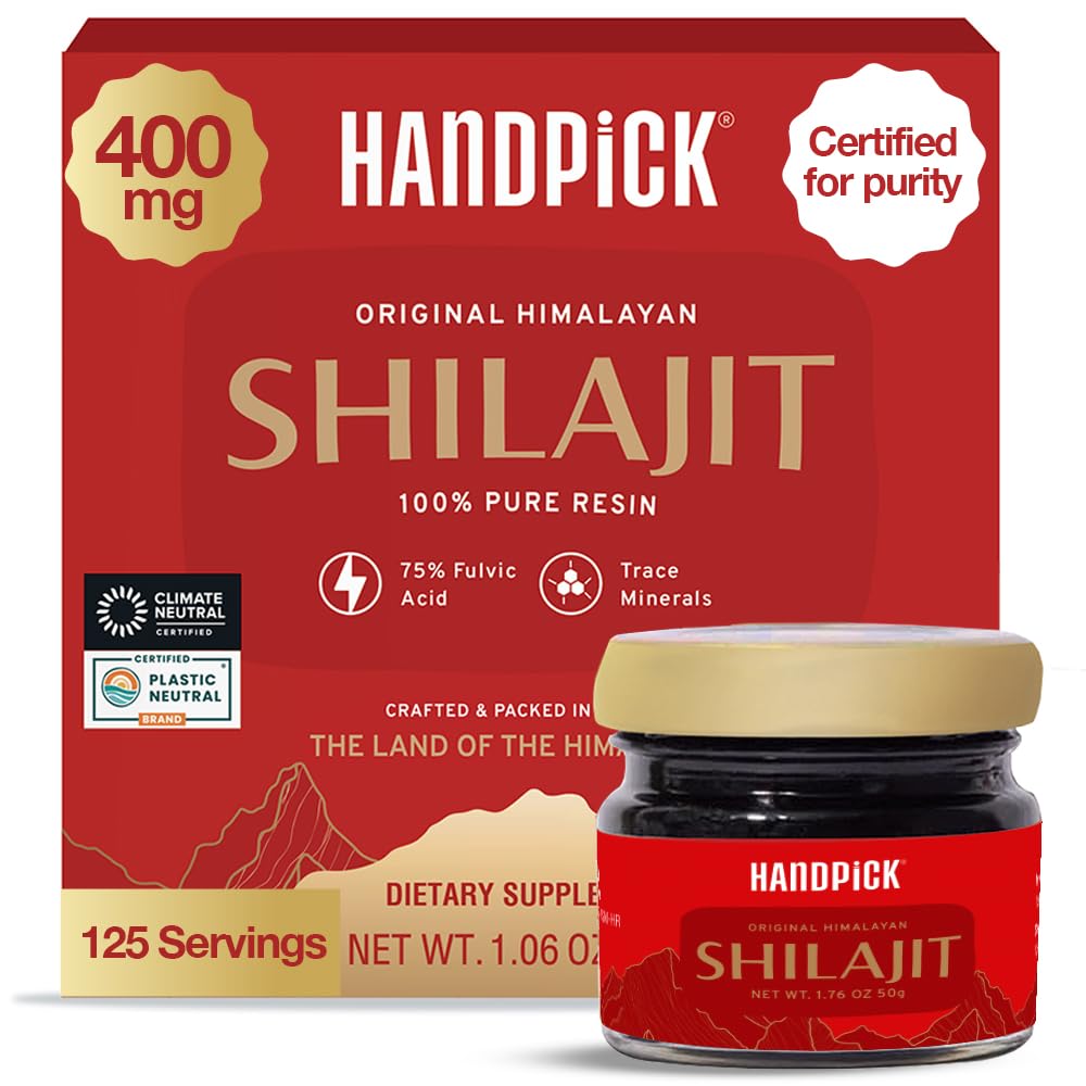 HANDPICK 400 mg Ultra Concentrated Pure Himalayan Shilajit Resin 124; 75% Fulvic Acid, 85 + Minerals - 124; Feel Maskulinitet, High Potence, Strength & Stamina I Lab testet for renhed I 50 gm (125 portioner)