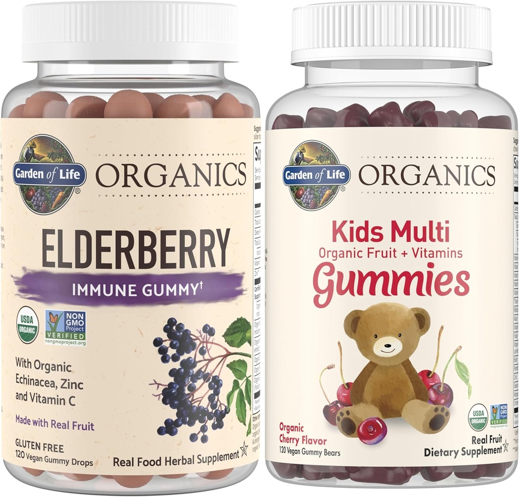 Livets have Organics Kids Immunbundle - Elderberry Immunsupport Gummies (120 Greve) + Certified Organic Kids Multivitamin Gummies, Non- GMO, Gluten Free, Cherry (120 Greve)