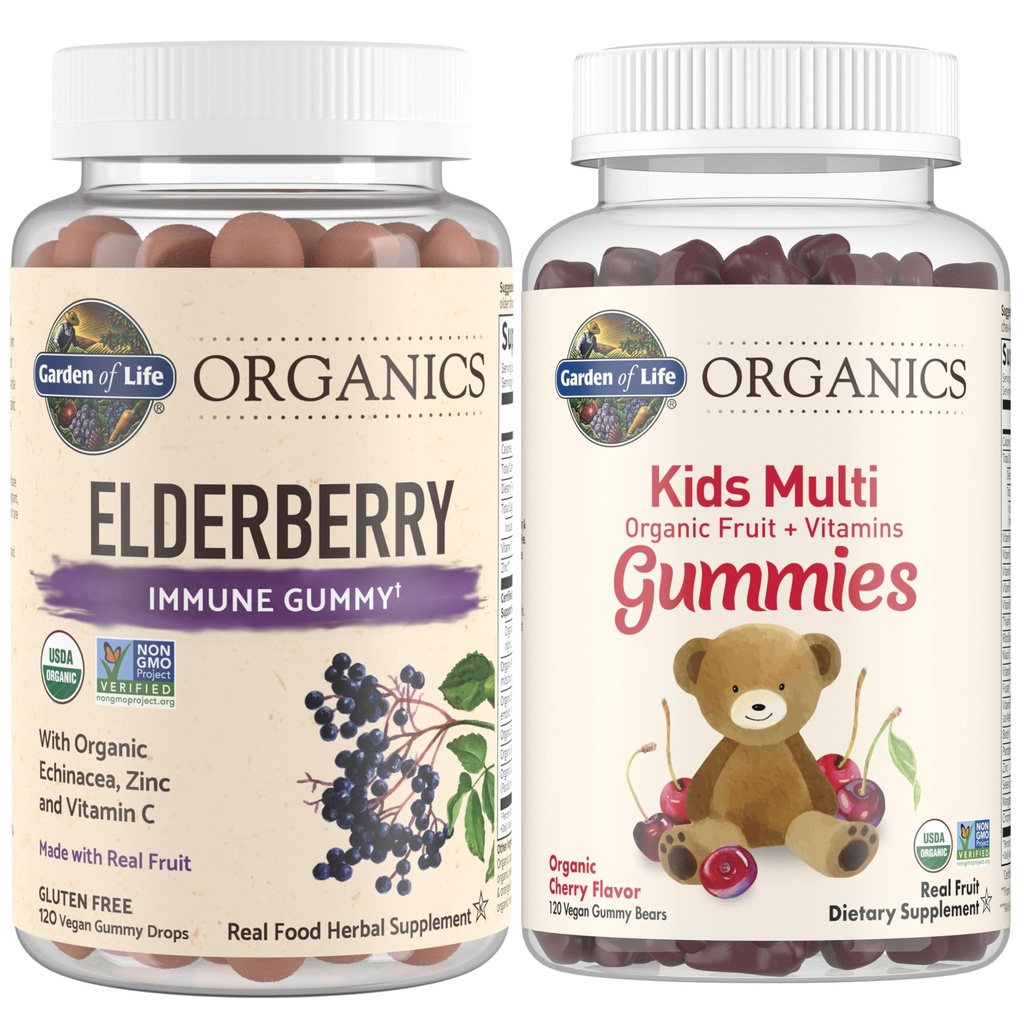 Livets have Organics Kids Immunbundle - Elderberry Immunsupport Gummies (120 Greve) + Certified Organic Kids Multivitamin Gummies, Non- GMO, Gluten Free, Cherry (120 Greve)
