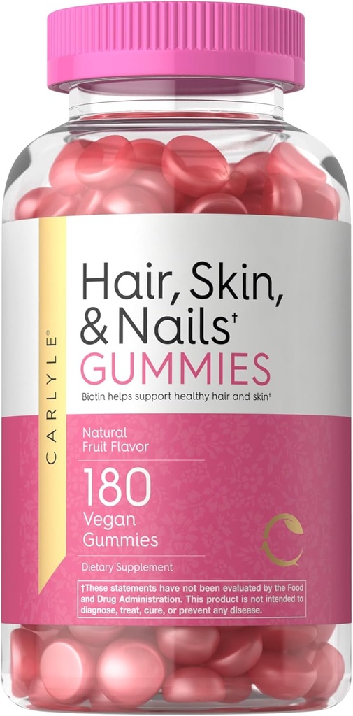 Carlyle hår hud og negle Vitaminer; 180 Vegangumies 124; Frugtsmag Supplement for mænd og kvinder; med Biotinstof 124; Non-GMO & Gluten Free