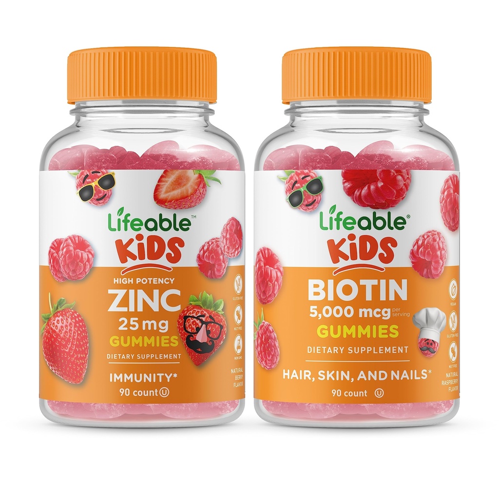 Lifeable Zink 25mg Kids + Biotin Kids, Gummies Bundle - Great Tasting, Vitamin Supplement, Gluten Free, GMO Free, Chewable Gummy