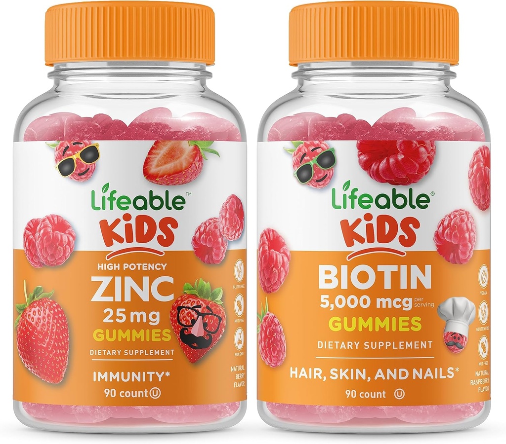 Lifeable Zink 25mg Kids + Biotin Kids, Gummies Bundle - Great Tasting, Vitamin Supplement, Gluten Free, GMO Free, Chewable Gummy