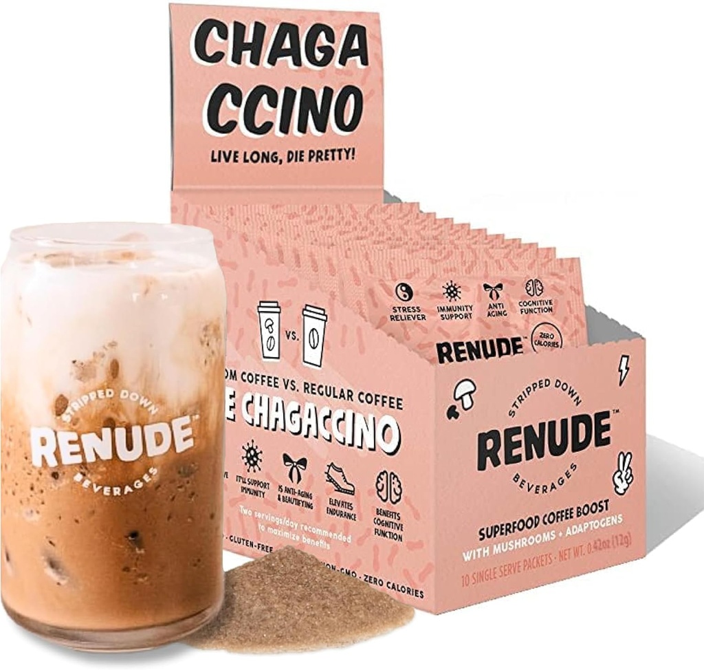 Renude Chagaccino - Chaga Mushroom Powder, Mushroom Coffee Drink Mix med Adaptogens, Natural Energy and Immunsupport, Vegan, Keto, Zero Calorie Mushroom Blend Powder - 10 Serveringer