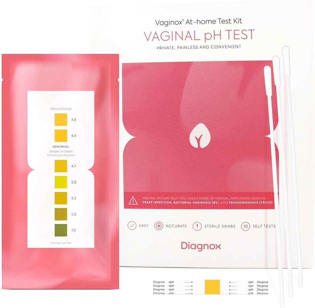 DIAGNOX SUNDHED Kvinder Vaginal pH Test Kit D124; Steril Swabs D124; Home Gær Infektion Test & BV Test Strips D124; Hurtig, Nøjagtig, Clinical Grade pH Balance Home Test D124; FSA / HSA Egnet (pakke med 10)