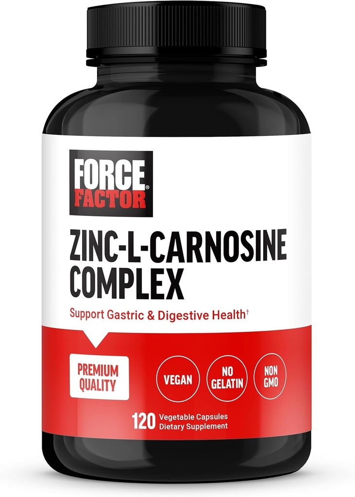 FORCE FACTOR Zink L- Carnosine kapsler til støtte Gastrisk og fordøjelsesmæssig sundhed, fordøjelse og bloating supplement, Vegan, non-GMO, No Gelatine, 120 kapsler