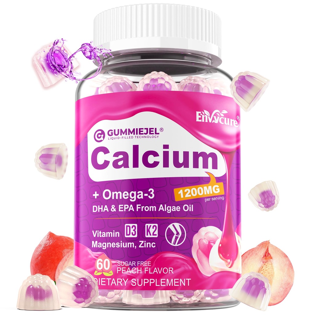 Calcium Citrate 1200mg Gummies, Vitamin D3 K2, Omega-3, Magnesium, Zinc, Boron, Manganese, Copper, 600mg Calcium Supplements for Women & Men Bone Strength, Immune Support - Vegan, Sugar Free, 60 Count