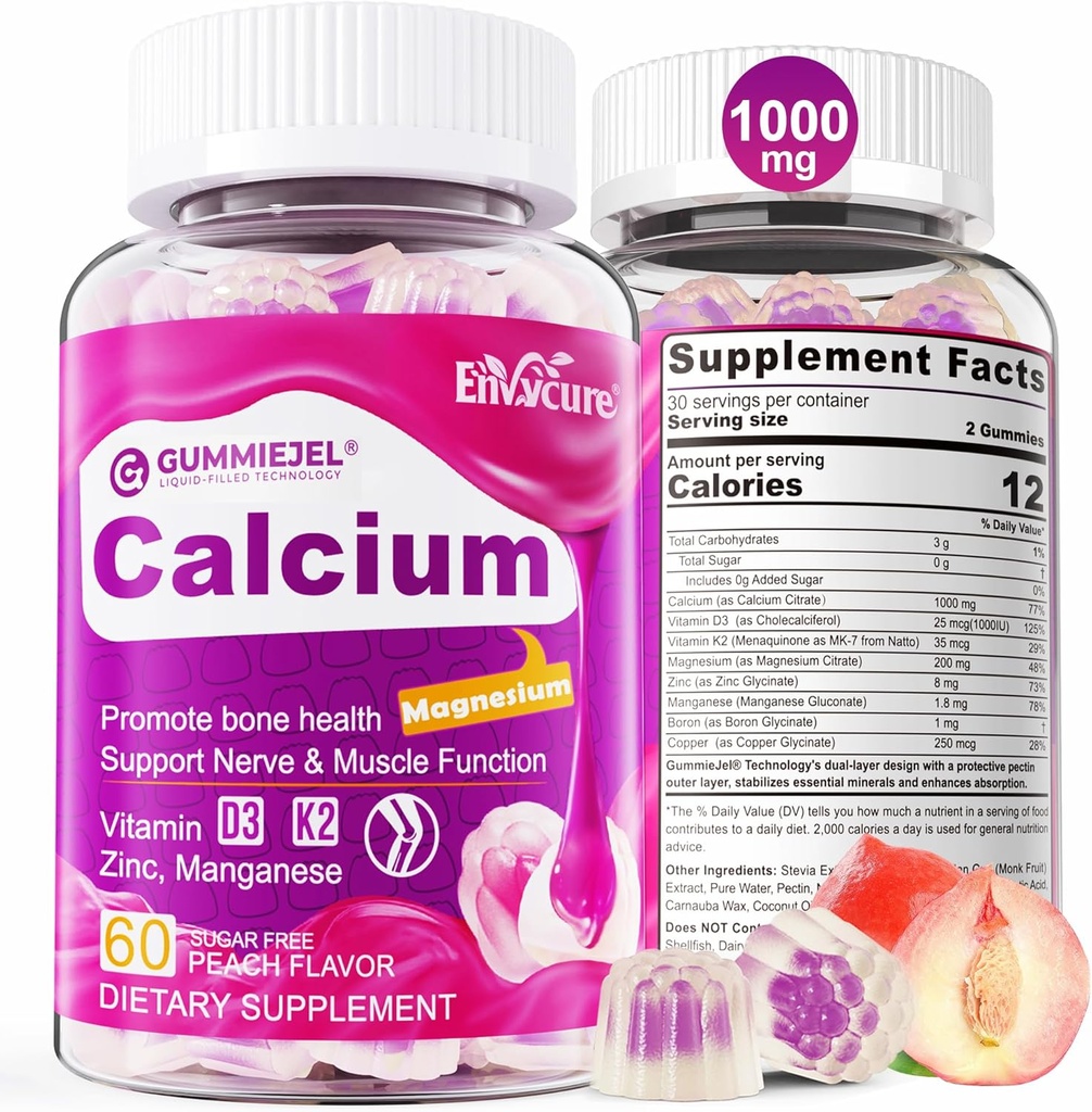 Sugar Free Calcium Citrate Gummies for Women & Men 1000mg, Vitamin D3 K2, Magnesium, Zink, Boron, Mangan, Kobber, Ultimate Absorption Calcium Kosttilskud til Ben, Muskel & Immun - Vegan, 60 Greve