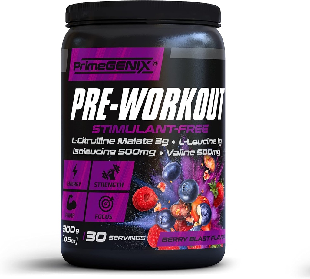 Stimulant- Gratis Pre Workout pulver til mænd og kvinder - Energi Boost drikke med Beta Alanine, L Citrulline - Made in USA, 30 Servere
