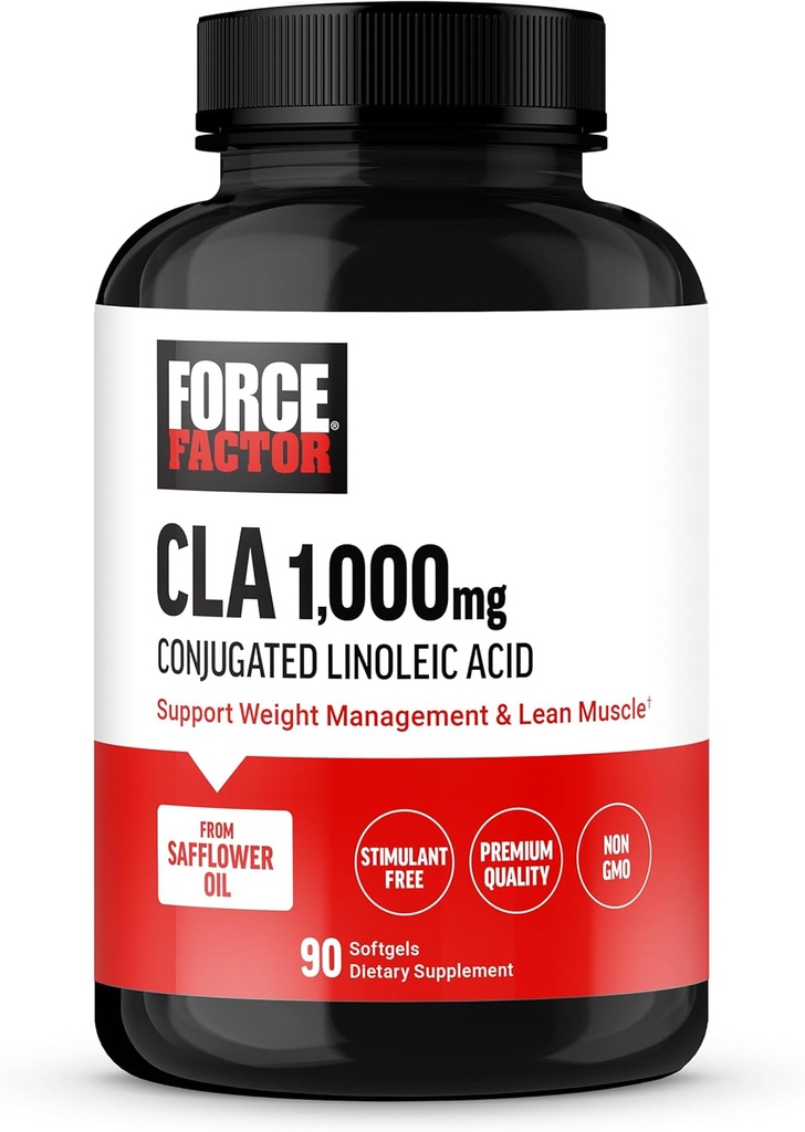 FORCE FACTOR CLA Supplements, CLA 1000 mg, Conjugated Linoleic Acid to Support Body Composition and Lean Muscle Mass, Made from Safflower Oil, Stimulant Free, Non-GMO, 90 Softgels