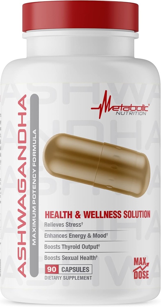 Metabolisk ernæring Ashwagandha 2200mg Made with Organic Ashwagandha Powder and Black Pepper Extract, 90 Vegan Capusles