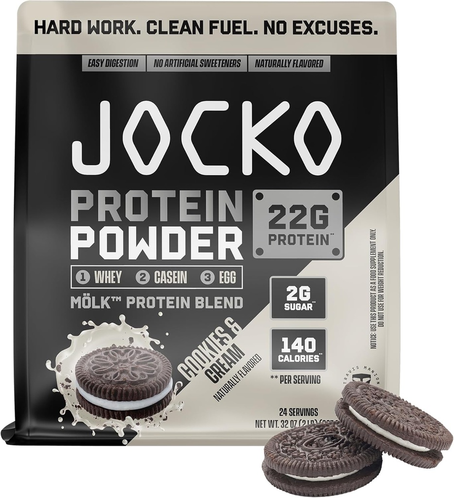 Jocko Fuel Mölk Whey Protein Powder - Keto, Probiotika, fordøjelsesfremmende enzymer, Aminosyrer, Lavsukker Monk Fruit Blend - Understøtter muskel Inddrivelse & vækst (24 Servere, Cookies & Cream)