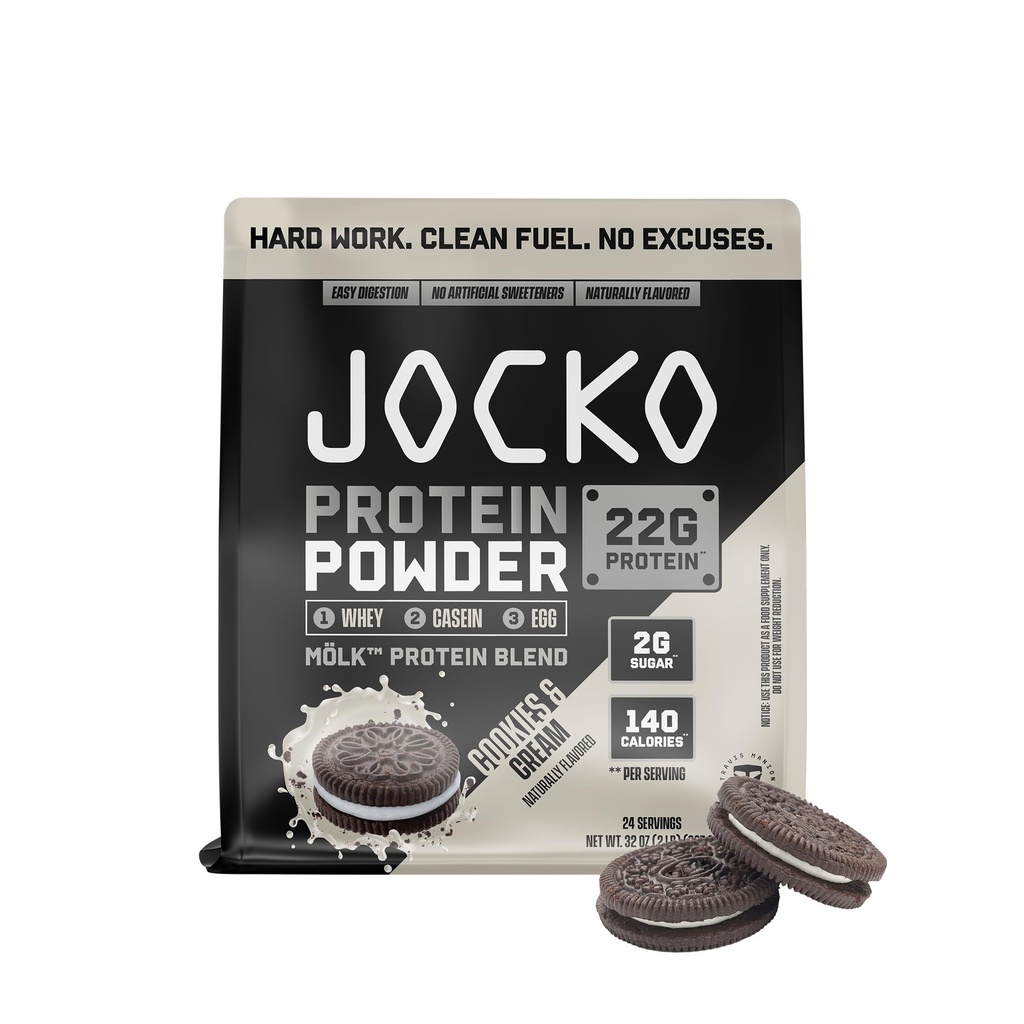 Jocko Fuel Mölk Whey Protein Powder - Keto, Probiotika, fordøjelsesfremmende enzymer, Aminosyrer, Lavsukker Monk Fruit Blend - Understøtter muskel Inddrivelse & vækst (24 Servere, Cookies & Cream)
