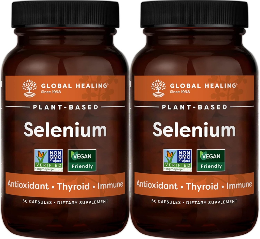 Global Healing Center Selenium 200mcg 2- Pack, Pure Selenium Supplement med økologiske ingredienser, Antioxidanter til Thyroid & immunforsvar for mænd og kvinder - mere end Selenium 100 mcg (60 kapsler)