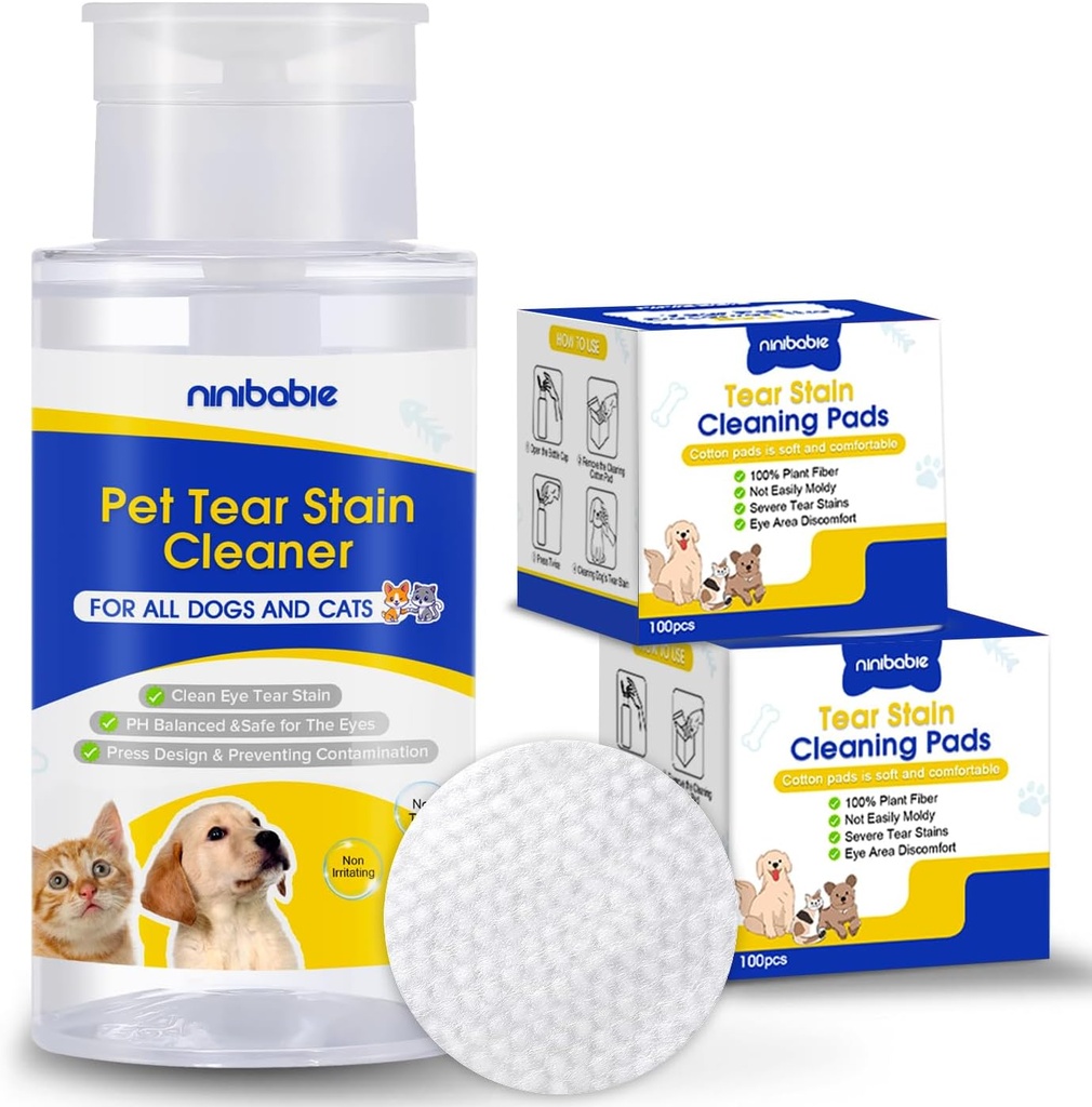 Tåregas Renere for hunde og katte, forsigtigt fjerne tåregas, øjenrester, Mucus sekreter med 200Pcs Eye tørre vipper, Eye renere tørre pads, Ikke nemt fordampet