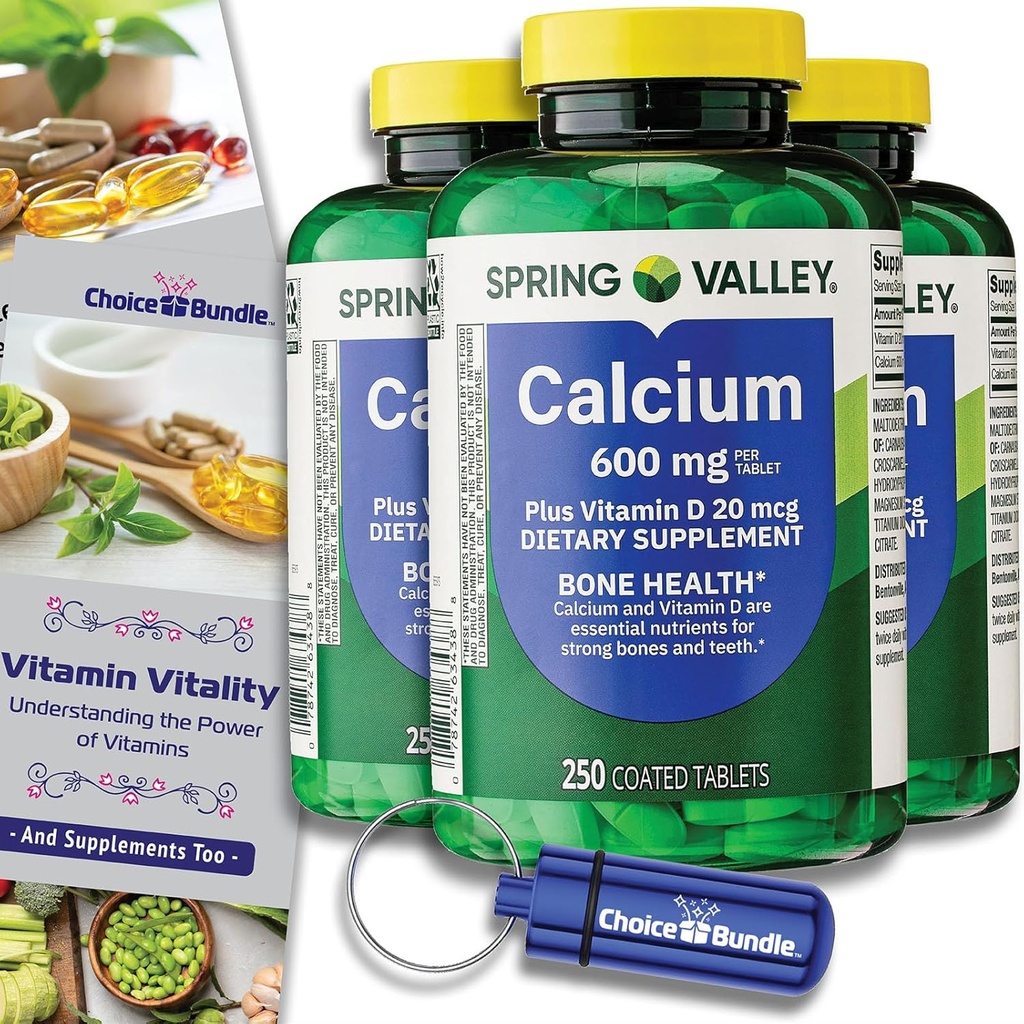 Choice Bundle Spring Valley Calcium Plus Vitamin D Tablets 600 mg 250 Ct 3 pk (750 Total) + “Vitamin Vitality” Guide & Pill Container (5 Items)!