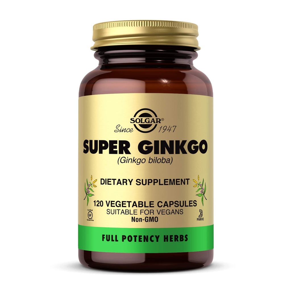 Solgar Super Ginkgo, 120 Vegetabilske kapsler - Fuld potens (FP) - Antioxidant & Nervesystemet Support - Brain Health - non-GMO, Vegan, Gluten Free, Dairy Free, Kosher - 120 Servere