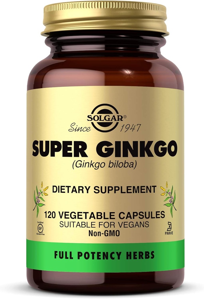 Solgar Super Ginkgo, 120 Vegetabilske kapsler - Fuld potens (FP) - Antioxidant & Nervesystemet Support - Brain Health - non-GMO, Vegan, Gluten Free, Dairy Free, Kosher - 120 Servere