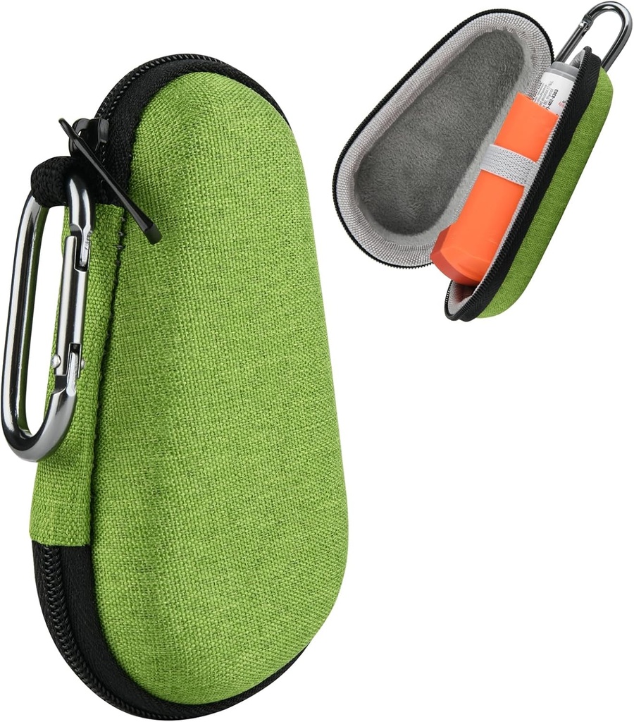 Beautyflier Astma Inhaler Rejsetilfælde, Bærbar lynlås Carry Case for Inhaler med Clip-On Carabiner, EVA Travel Handy Beskyttelsesholder for voksne og børn, Inhaler Ikke inkluderet (4IN, grøn)