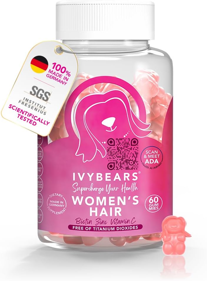 IvyBears Kvinder hår Vitamin Gummier med kompleks biotin, collagen, folinsyre, vitamin B7, og Keratin til hår, hud & negle - Vegansk hårvækst & 100% Vitamin Boost - 60 Tæl, 1 måned Tilgang