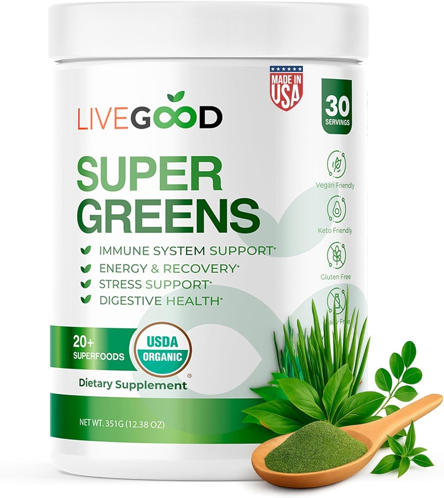 LiveGood Super Green Powder Organic Superfood med hvedegræs pulver, Daglig Superfood pulver til immunforsvar, Energi og Detox, Green Juice Powder Supplement (30 Servere), 12.38 Oz