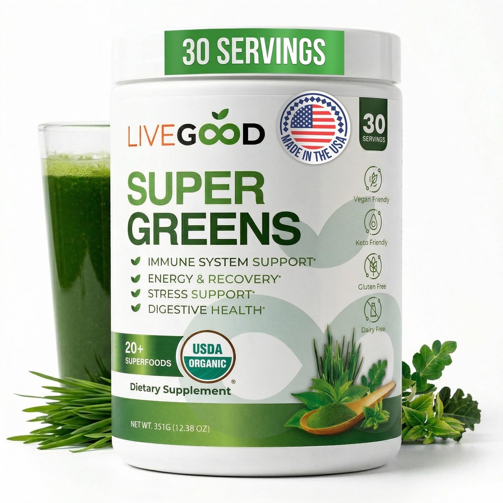 LiveGood Super Green Powder Organic Superfood med hvedegræs pulver, Daglig Superfood pulver til immunforsvar, Energi og Detox, Green Juice Powder Supplement (30 Servere), 12.38 Oz