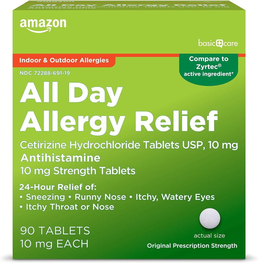 Basic Care Alle dage Allergi, Cetirizin Hydrochloridtabletter, 10 mg, Antihistamin, 90 Tæl (Emballage kan variere)